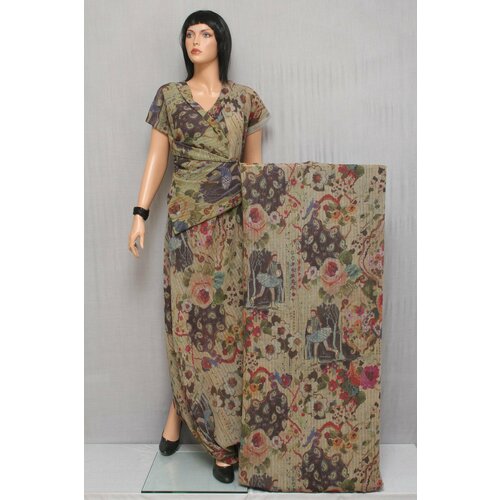 Ткань Шерсть-вуаль стрейч D&G с цветами и фигуристками на оливковом фоне 0,5 м