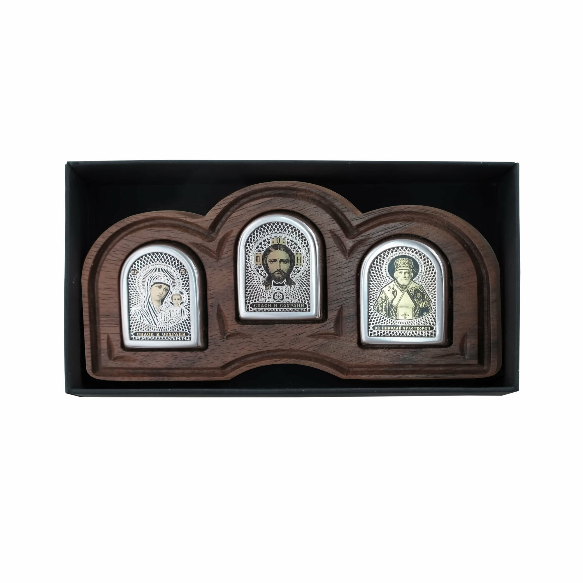 Серебряные икона с обсидиан, триптих, Эстет, обсидиан, вес - 18.96 гр.