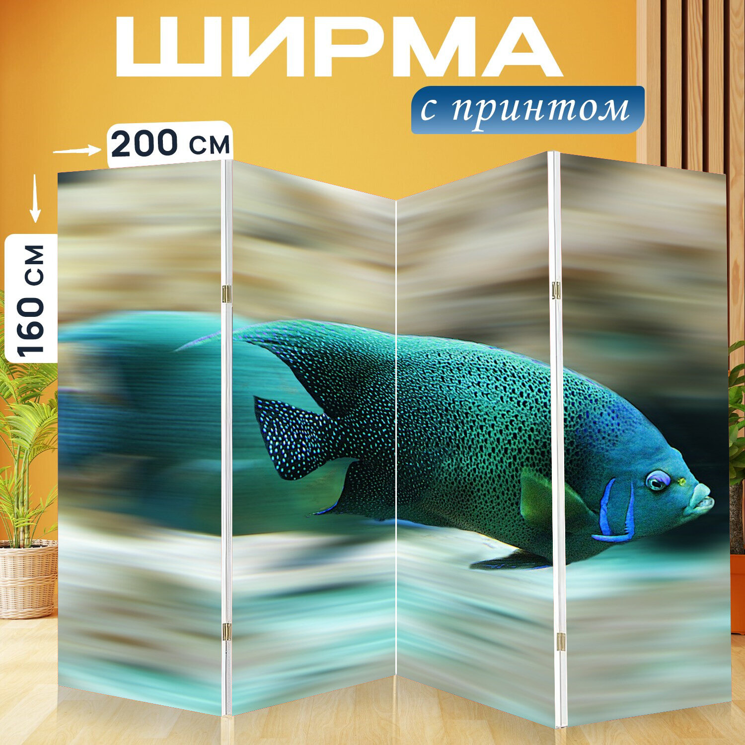 Ширма перегородка с принтом "Рыбы, скорость, аквариум" на холсте - 200x160 см. для зонирования, раскладная