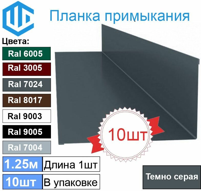 Планка примыкания кровли к стене (100х150 мм) Темно-серая (10шт) Ral 7024 1.25м