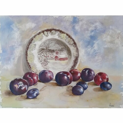 Авторская картина Сливы раскатились по столу 40х30 см 5040₽