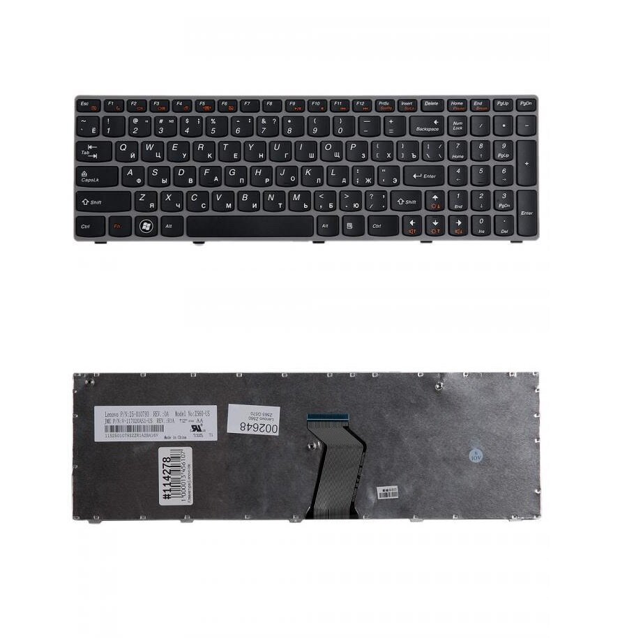 Keyboard / Клавиатура для ноутбука Lenovo IdeaPad, черная с серой рамкой, гор. Enter