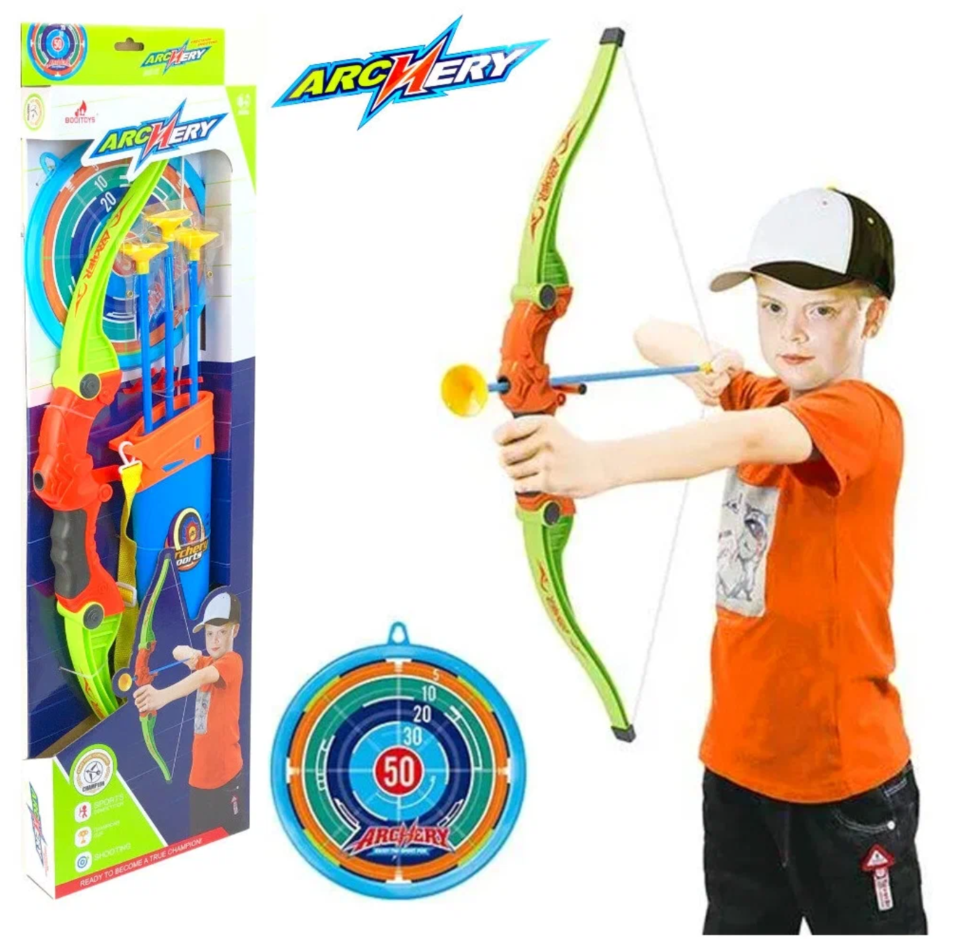 Игровой набор Лук со стрелами в колчане Archery, лук, стрелы с присосками, мишень, колчан с ремнем, 65 см
