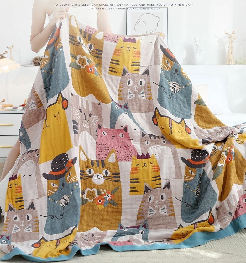 Плед покрывало на кровать из натурального 100% хлопка, летнее муслиновое тонкое одеяло Funny Cats