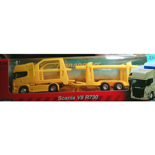 набор welly 1 64 грузовик scania v8 r730 с тремя легковыми машинками Модель машины Грузовик WELLY 1:64, Scania V8 R730, желтый