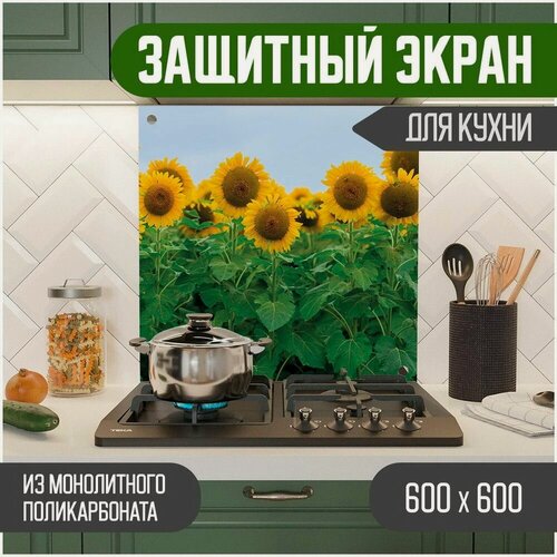 Изображение товара Защитный экран из акрилового стекла (поликарбонат) на кухонный фартук в зону мойки и плиты с фотопечатью. Панель на стену с рисунком Цветы 600 х 600 х 3 мм, 600-057