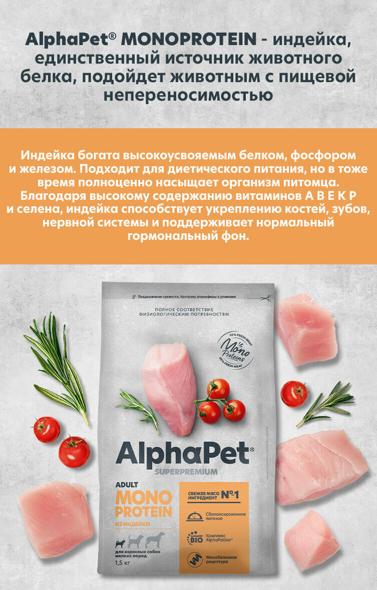 Сухой полнорационный корм MONOPROTEIN из индейки для взрослых собак мелких пород AlphaPet Superpremium 1,5 кг