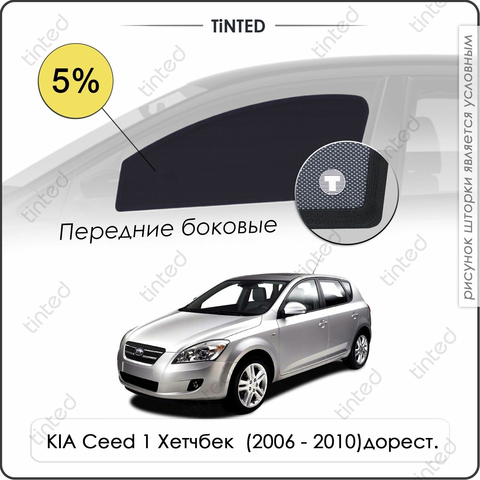 Шторки на автомобиль солнцезащитные KIA Ceed 1 Хетчбек 5дв. (2006 - 2010)дорест. на передние двери 5%, сетки от солнца в машину КИА СИД, Каркасные автошторки Premium