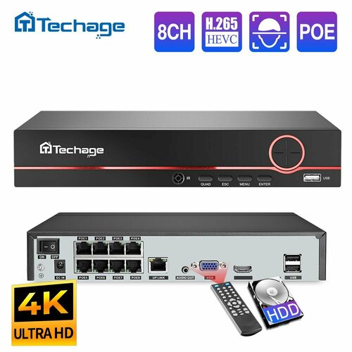 Techage Восемь каналов H265 4K POE NVR Аудиовыход видеорегистратор для видеонаблюдения ip 8299₽