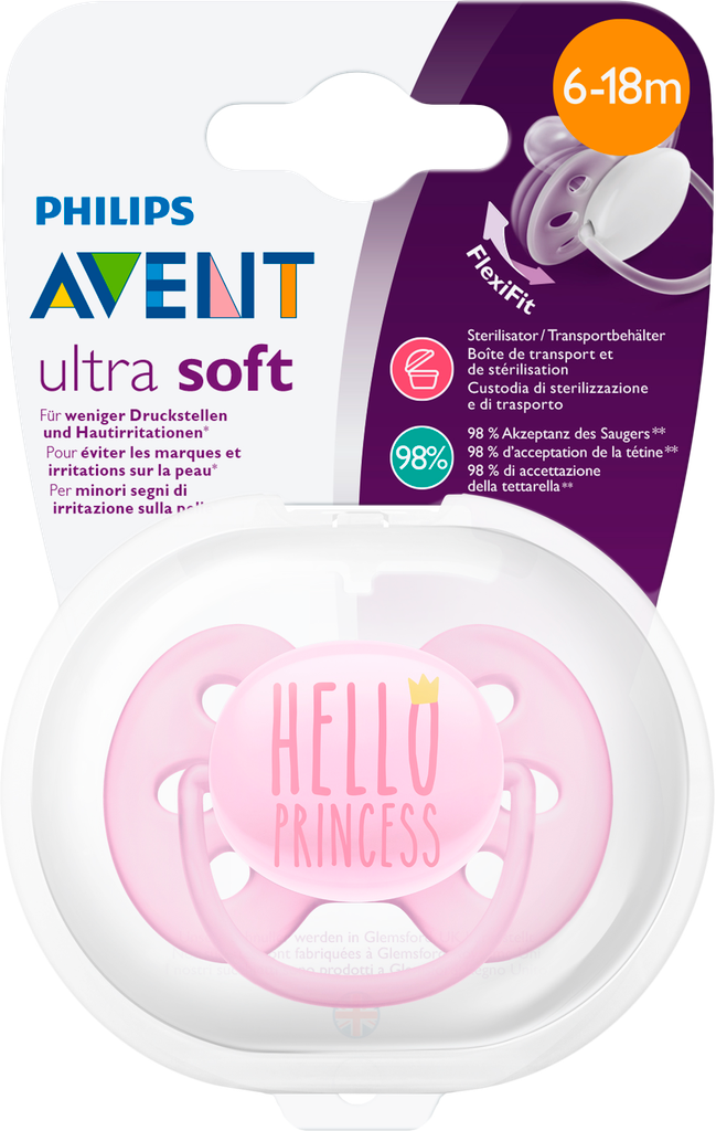 Пустышка для девочки PHILIPS AVENT Ultra soft Hello princess, с 6 месяцев, Арт. SCF529/01