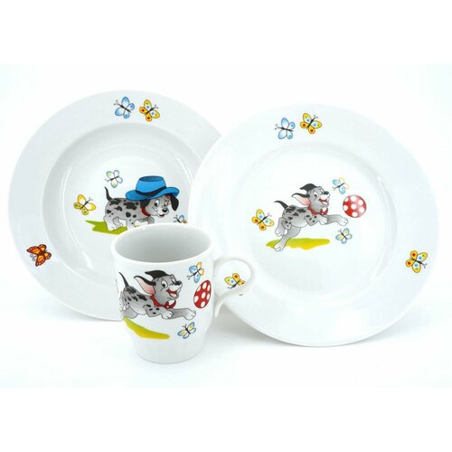 Набор детской фарфоровой посуды из 3-x предметов Озорные щенки (тарелка, миска, кружка)