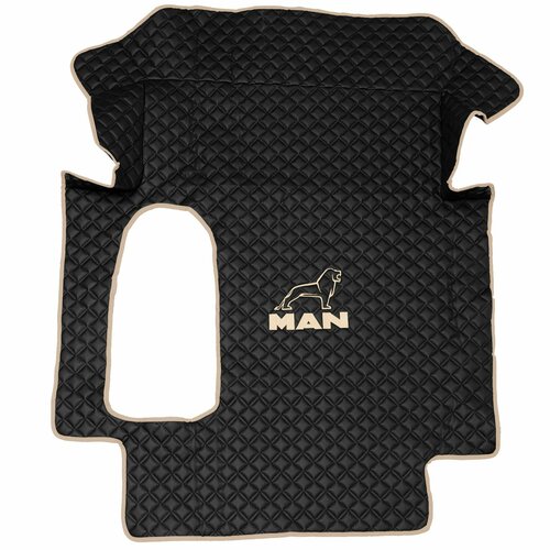 Ковры стеганые для грузовых автомобилей MAN TGA (автомат, механика), черный цвет с бежевой вышивкой и бежевым кантом. Экокожа - 3шт в комплекте (пассажир+водитель+шахта)