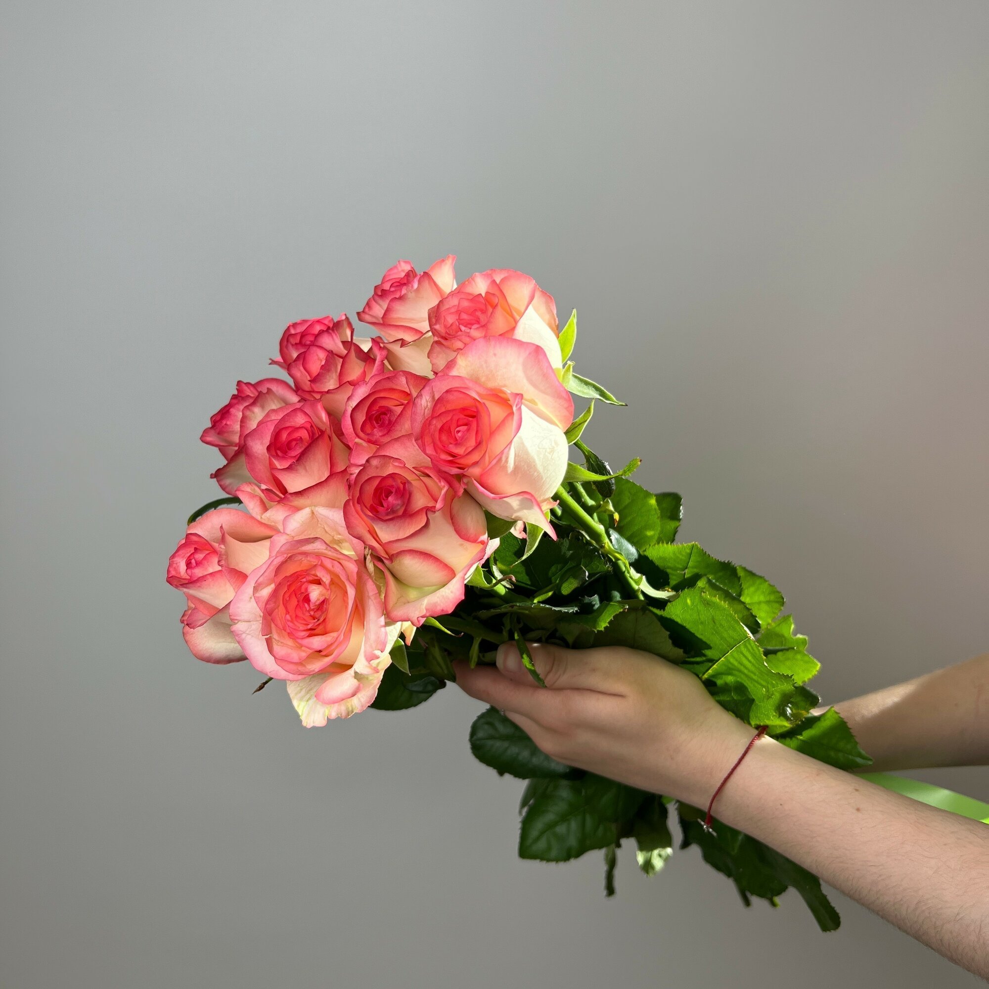 Живые цветы букет роз 11 шт 50 см бело-розовый