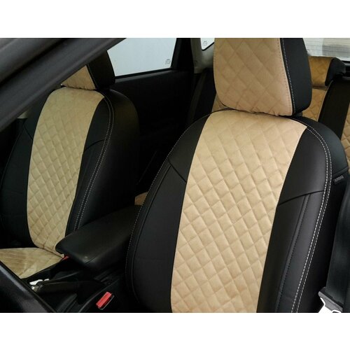 Чехлы для автомобильных сидений комплект FORD TRANSIT 3 места (2014-н. в.) фургон, авточехлы модельные экокожа, GreenLine, черно-бежевый ромб