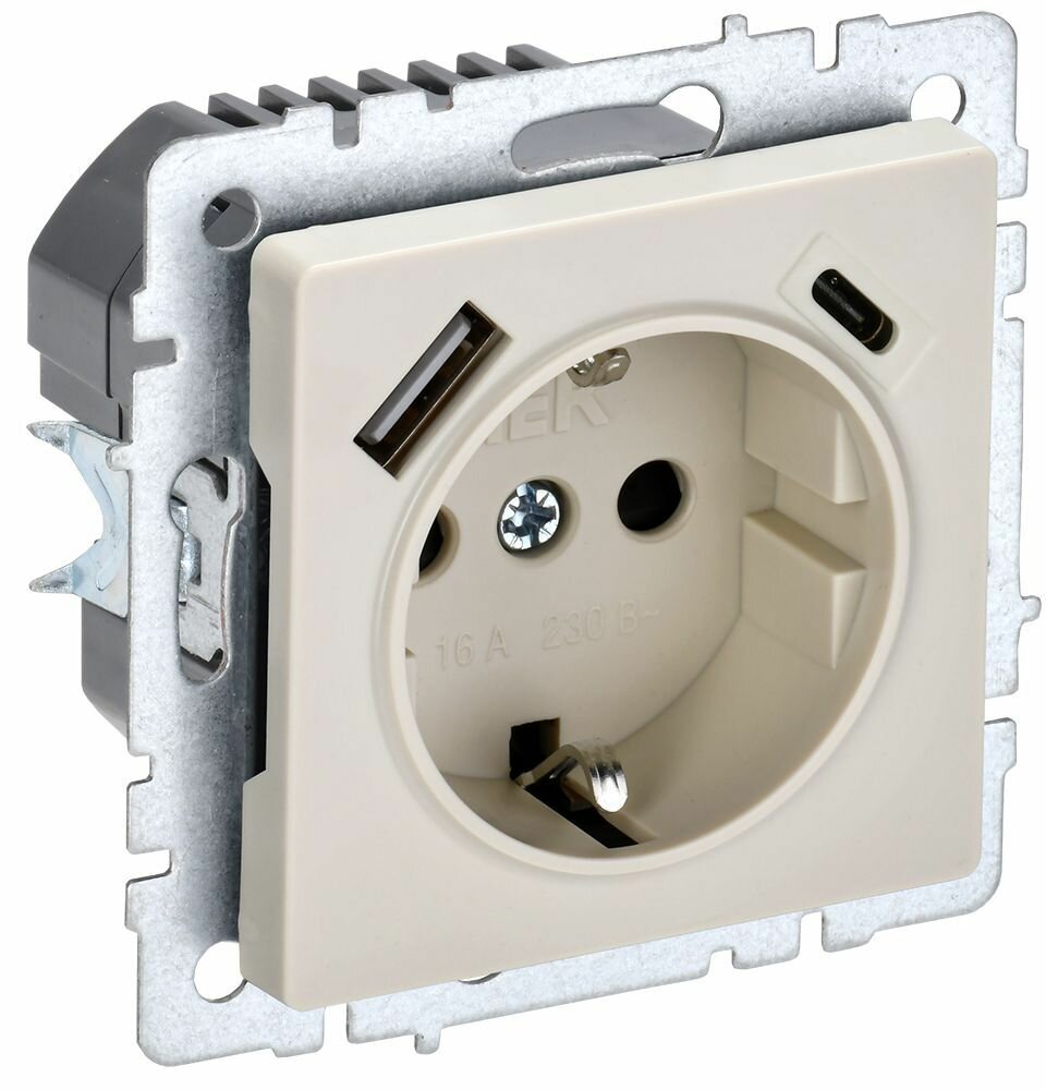 Розетка USB встраиваемая IEK Brite РЮш11-1-БрКр с заземлением цвет бежевый - фото №1