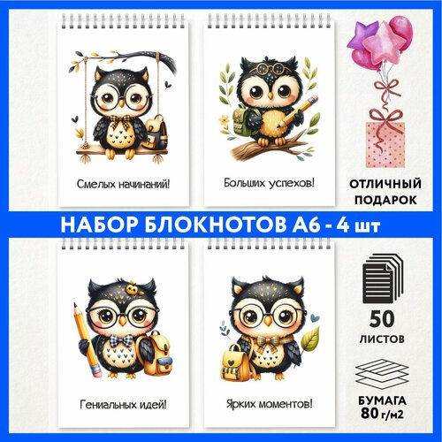 Набор блокнотов А6 - 4 шт подарок выпускнику детского сада на 1 сентября и День Рождения Школьная сова 111 - 1 notepad_school_owls_111_A6_set_1 699₽