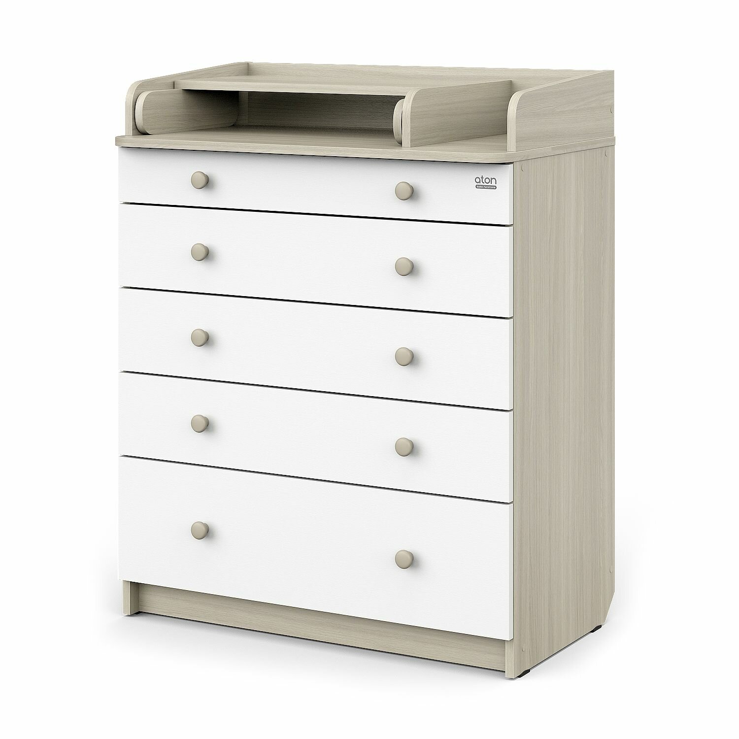 Пеленальный комод Атон Мебель Leo ЛДСП, 5 ящиков, с органайзером, шимо-светлый/белый