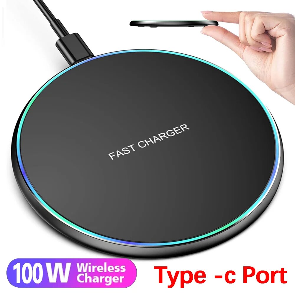 Беспроводное зарядное устройство 100 Вт для iPhone 14 13 12 15 Pro XS Max Mini X XR Индукционная Беспроводная зарядная панель для Samsung Xiaomi Huawei, Black No Cable — фото 1