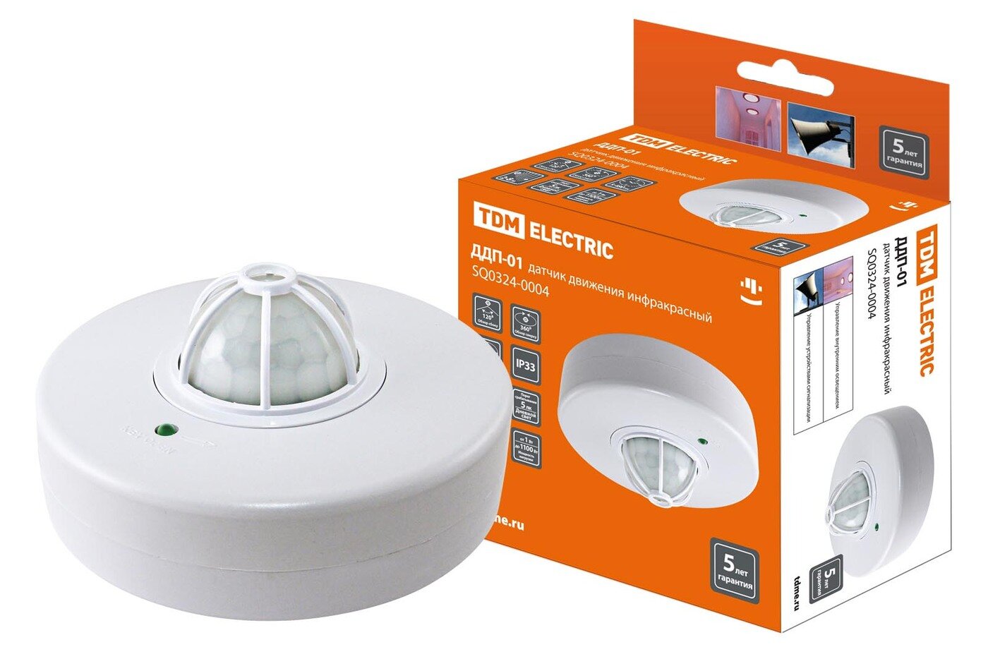 Датчик движения потолочный, 1100 Вт, 5-480 с, 2-8 м, 120°, 360 °, IP33, 5+ лк, TDM Electric, ДДП-01, SQ0324-0004