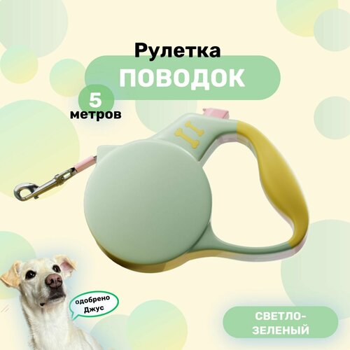 Поводок рулетка для собак MarketMax, для малых и средних пород, 5 метров, светло-зеленый