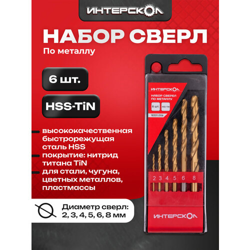фото Набор сверел по металлу hss-tin 6 шт, 2-8 мм, 18301.006, интерскол