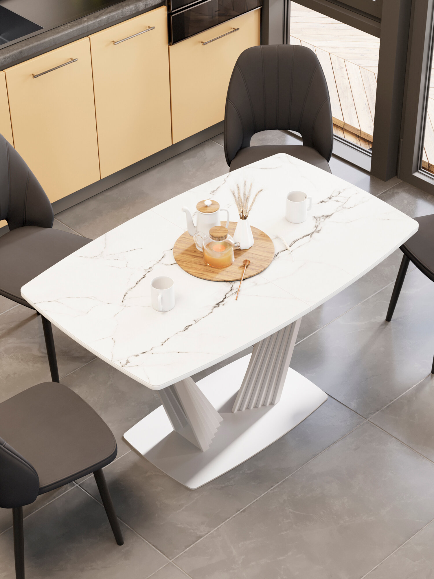 Стол кухонный раздвижной Фабио130х80см. Белый глянец/Стекло глянцевое белый мрамор