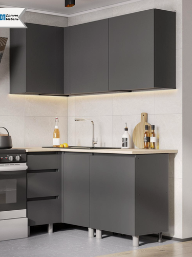 Изображение товара Кухонный гарнитур угловой Денвер 160х100 см, модульная кухня без столешницы, цвет графит серый