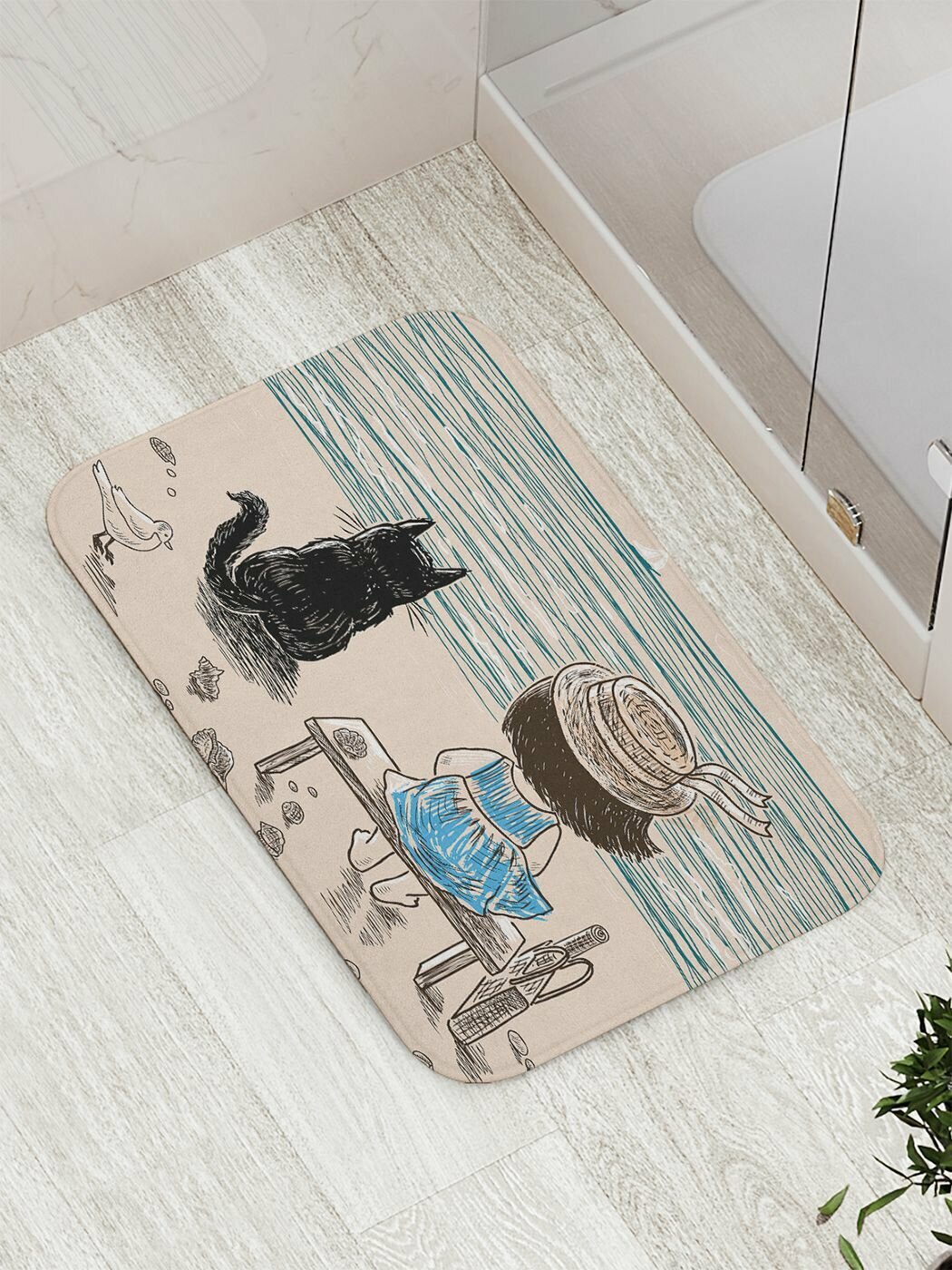 Коврик для ванной комнаты, туалета "Девочка с котом на берегу реки" противоскользящий, 52х77 см, JoyArty