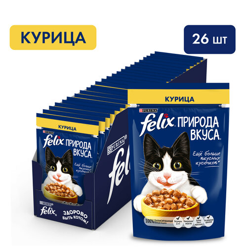 Влажный корм Felix Природа вкуса для взрослых кошек, с курицей в соусе 75г х 26