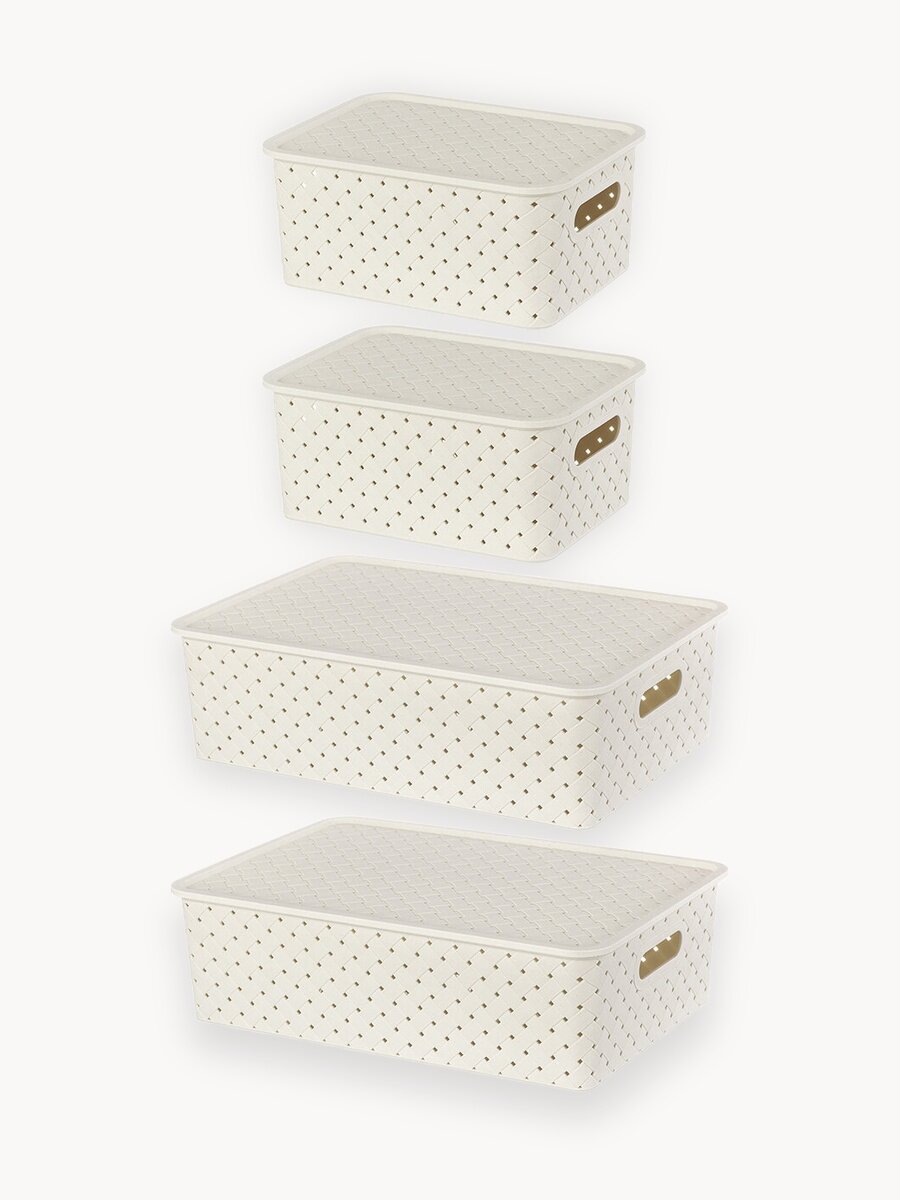 Корзинка, коробка для хранения, с крышкой 4шт, Береста - 3 л (2 шт), 7.5 л (2 шт) EL Casa, цвет слоновая кость, набор