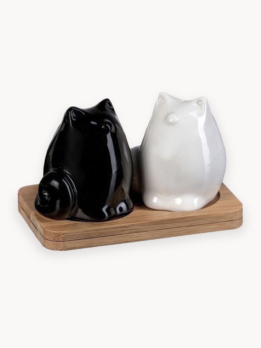 Солонка и перечница BellaTenero «Котики» на подставке, 3 предмета: солонка, перечница, подставка, белый, чёрный