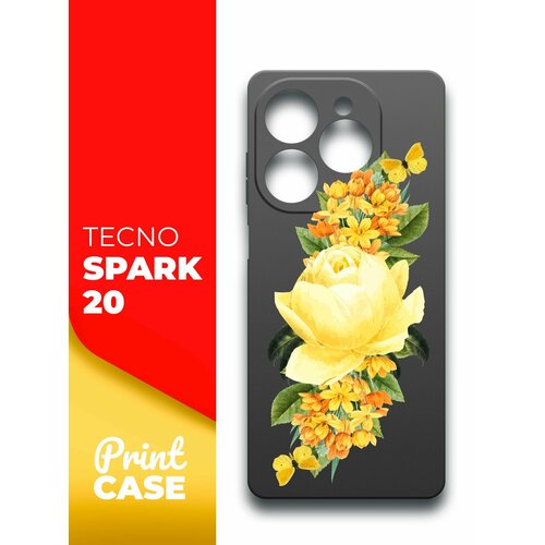 Чехол на Tecno Spark 20 (Техно Спарк 20) черный матовый силиконовый с защитой (бортиком) вокруг камер, Miuko (принт) Желтые Розы чехол на tecno spark 20c техно спарк 20с черный матовый силиконовый с защитой бортиком вокруг камер miuko принт желтые розы