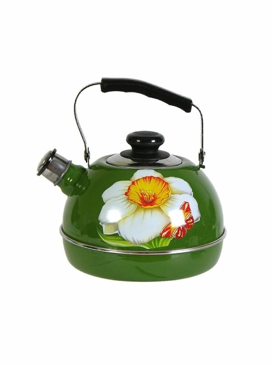 фото Чайник 2,5л.(подвиж. ручка)-зеленый/нарцисс (декор- нерж. сталь) ТМ04/25/07/07 (г. Ростов)