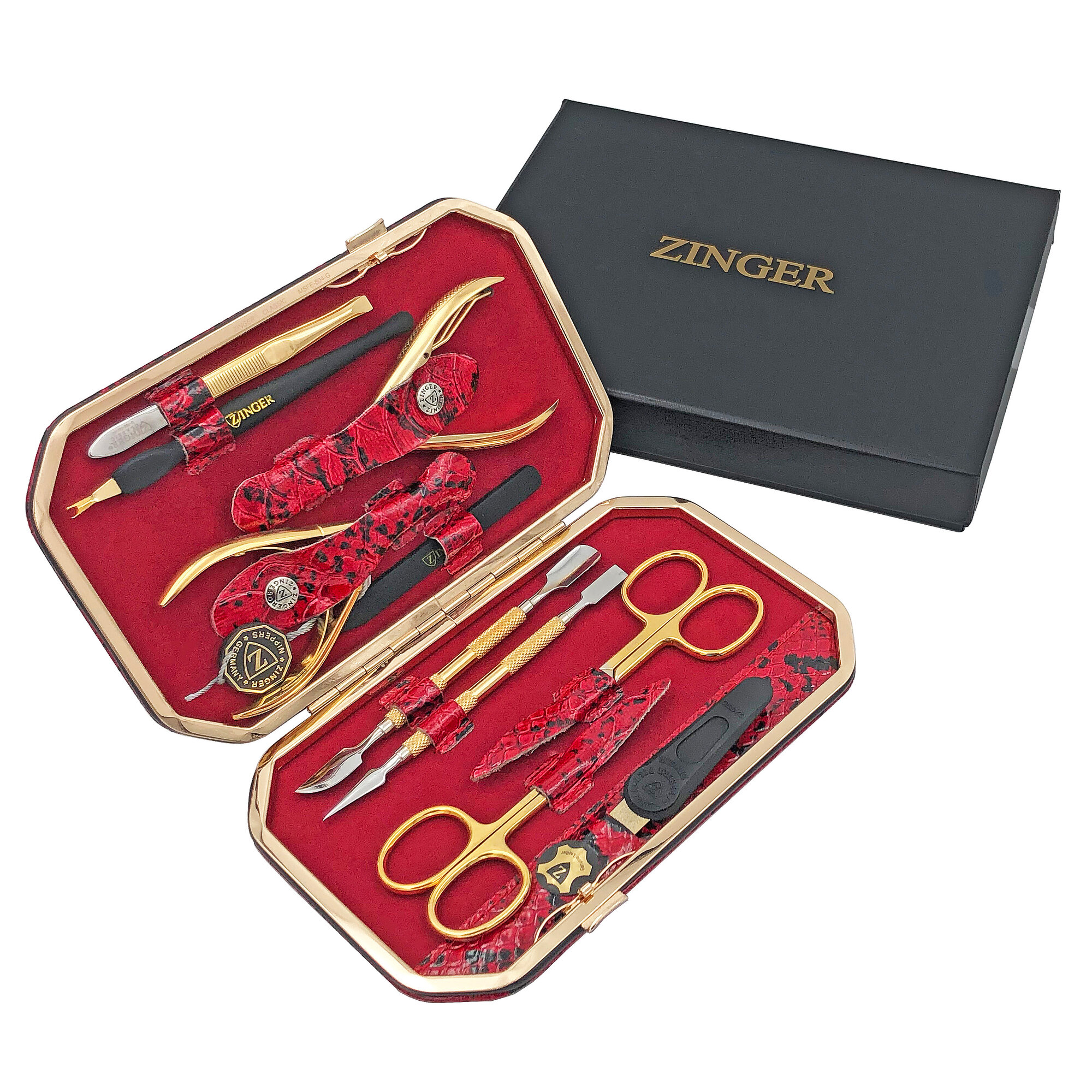 Маникюрный набор Zinger MSFE-804 G, 10 предметов, позолоченный/красный черный