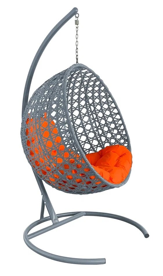 Подвесное кресло из ротанга "круг люкс" с ротангом серое, оранжевая подушка