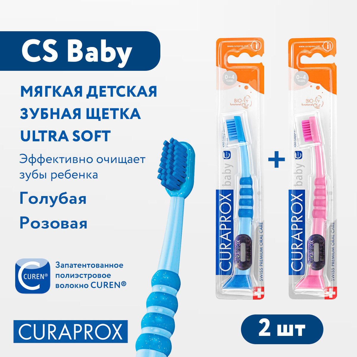 Набор детских зубных щеток Curaprox (2 шт.) c гуммированной ручкой серия Baby (розовая и голубая)