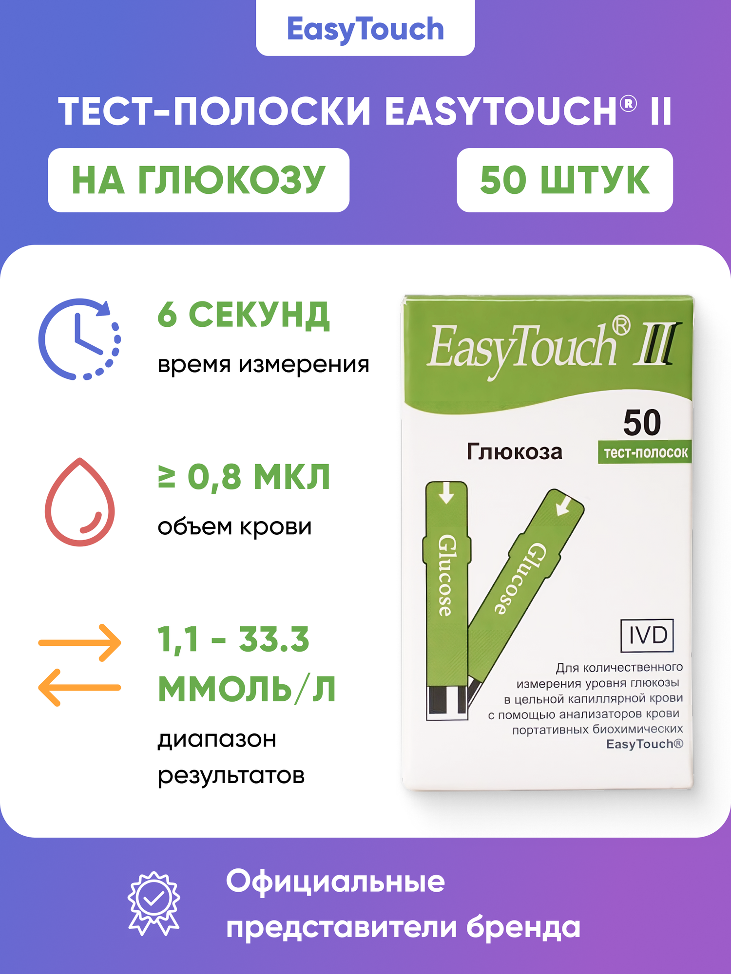 Тест-полоски на глюкозу "EasyTouch" (ИзиТач), 50 шт