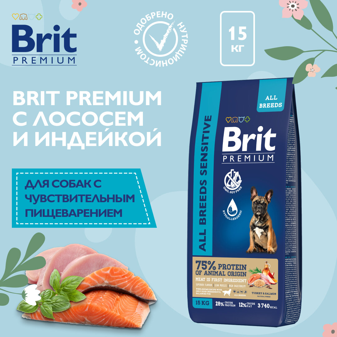 BRIT PREMIUM, Сухой корм с лососем и индейкой для собак "Dog Sensitive", 15 кг