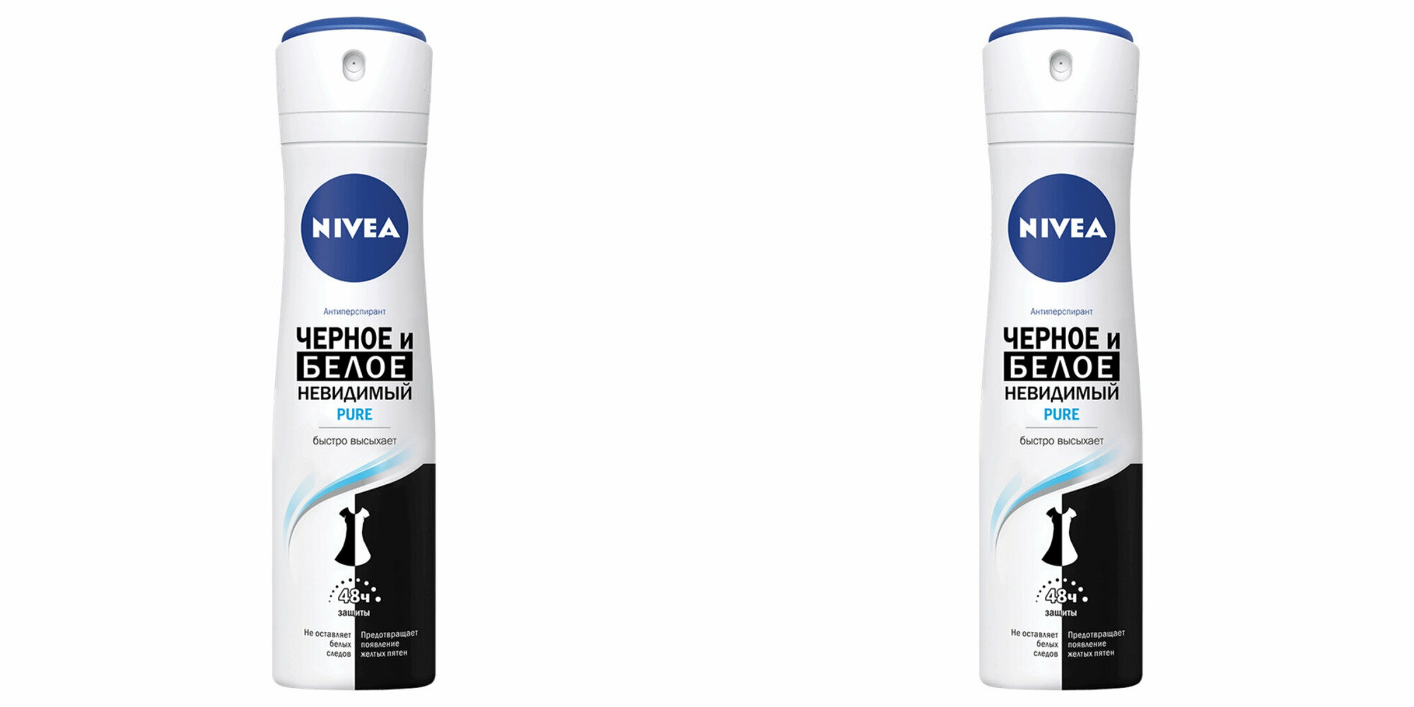 Дезодорант Nivea, Pure, Невидимый для черного и белого, женский, 150 мл, 2 уп