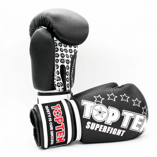 Top Ten боксерские тренировочные перчатки черные Superfight (Кожа, Top Ten, 14 унций, Черный) 14 унций