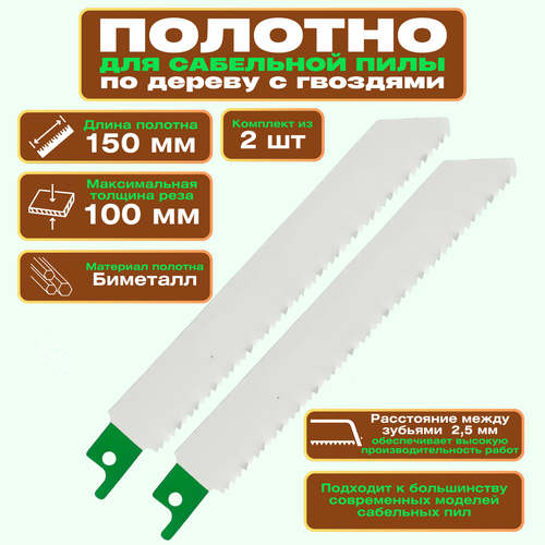 Полотно для сабельной пилы по дереву с гвоздями 150 мм 2 шт Идеально подходит для резки древесины с гвоздями обеспечивая прямой рез высотой до 100 мм необходимо при ремонте или строительстве 970₽