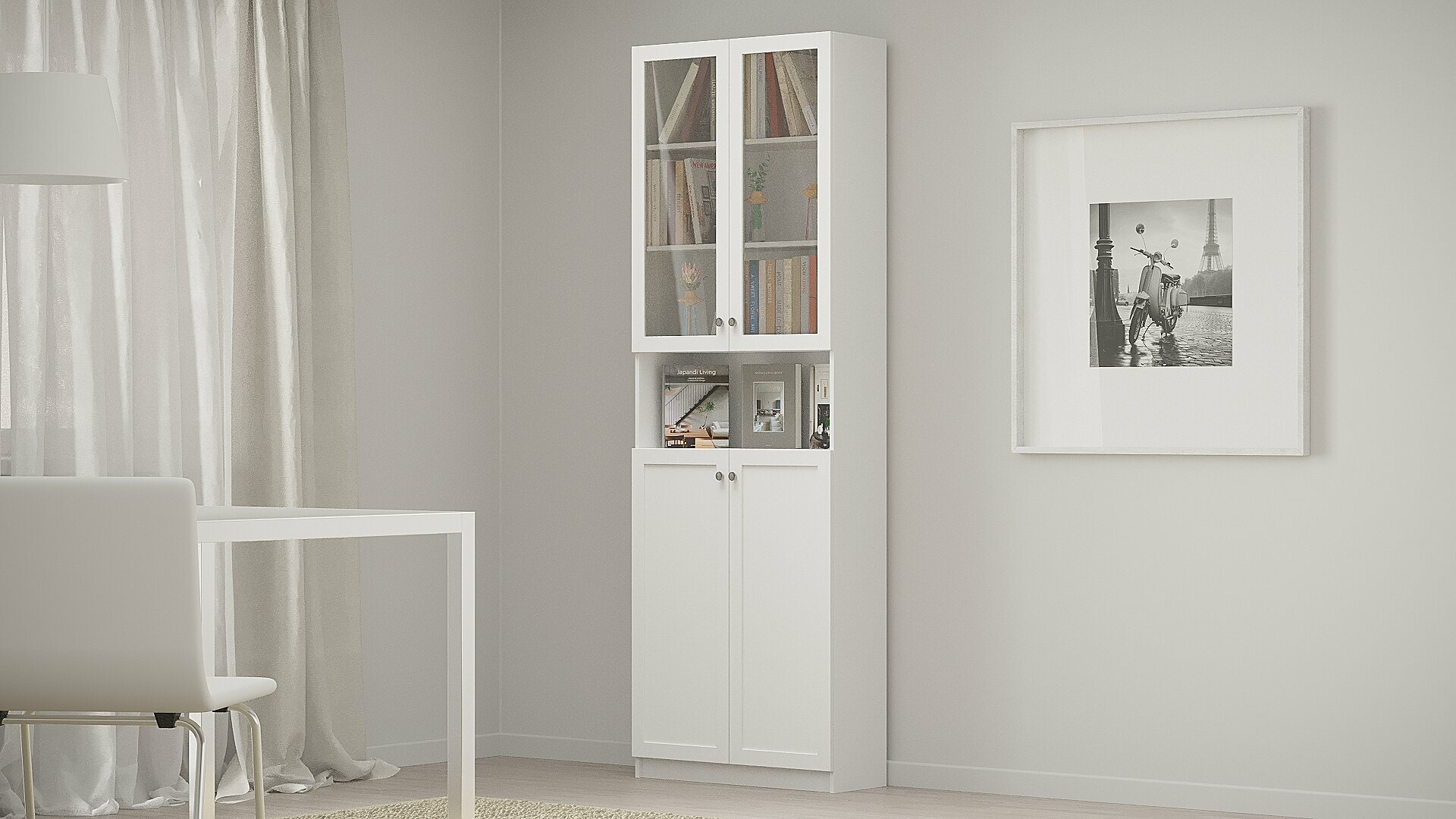 фото Шкаф книжный библиотека стеллаж Билли 59 по мотивам IKEA Икея Белый Фасадный 0101, 40*30*202 см, ЛДСП с рамкой МДФ