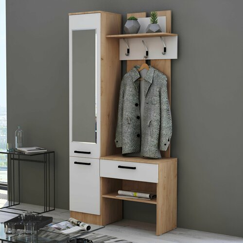 Прихожая комплект София от Линаура, с зеркалом, с обувницей, шкафом и ящиком, 95x195x36 см. Дуб вотан/Белый
