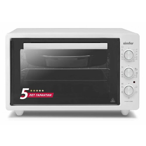 Мини-печь Simfer 5 режимов конвекция 42 литра 2 противня хромированная решетка подсветка эмалированная внутренняя поверхность 5 лет гарантии белый 1335900₽