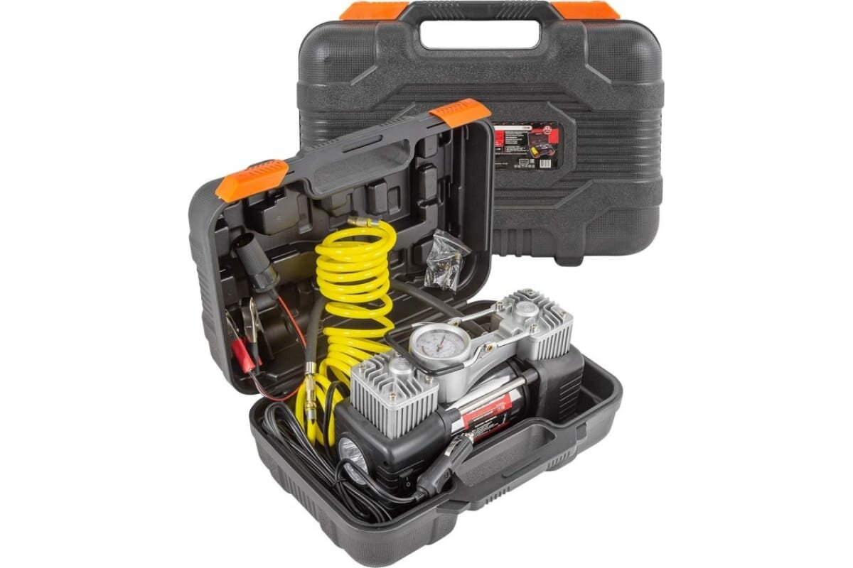 фото Компрессор Forsage F-2014360 Поршневой автомобильный двухцилиндровый с фонарем в кейсе 12V