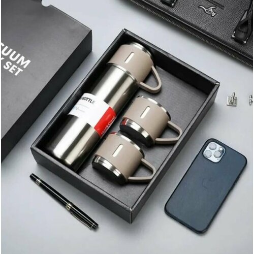 Подарочный набор Термос +3 чашки серебристый