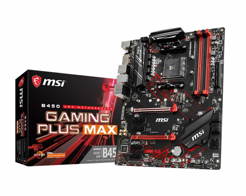 Материнская плата MSI B450 GAMING PLUS MAX, гнездо процессора SocketAM4, чипсет AMD B450, память 4xDDR4, форм-фактор ATX, звук AC`97 8ch(7.1), RAID, слоты 1xPCI-E 3.0 x16, 1xPCI-E 2.0 x16, 4xPCI-E x1, разъемы GbLAN+DVI+HDMI 223