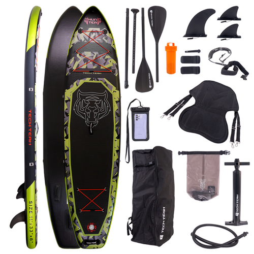 Сапборд TechTeam Hunter 11' (335х83х15) надувной SUP зелёный (каячное весло, сиденье в комплекте)