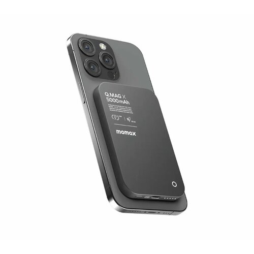 Внешний магнитный аккумулятор с беспроводной зарядкой Momax Q.MAG X, 5000 mAh, 8,3 mm, Qi 15W / PD20W, Матовый Черный черный