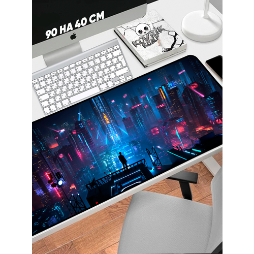 Большой игровой коврик для мышки с принтом, 90х40 см, На крыше ночью. Компьютерный ковер под клавиатуру и мышь на весь стол.